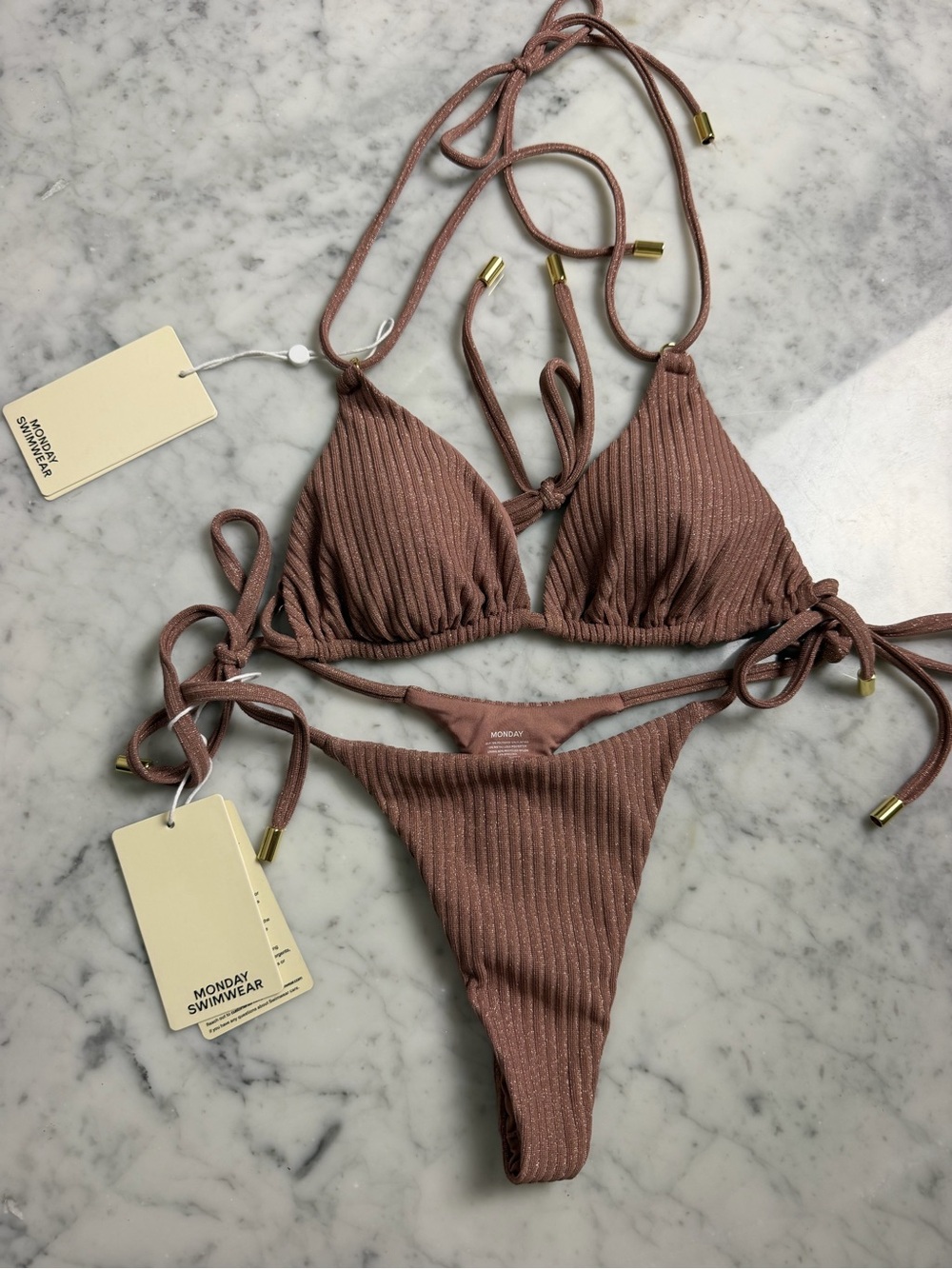 Monday Swimwear Ribbed Mauve Tie Triangle Bikini Set